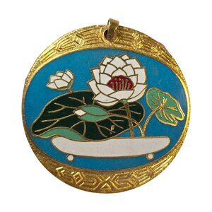 Vintage Cloisonne Lotus Flower Pendant Gold Tone Blue Enamel Round Medallion